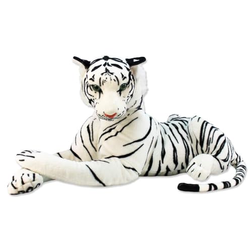 BEMIRO Tiger Plüschtier groß – Ca. 100 cm Groß, Kuschelig Weich, Füllmaterial Aus 100% Recycelten Plastikflaschen, Realistisches Design, Hochwertig Verarbeitet, Mit Kunststoffaugen (Weiß) von BEMIRO