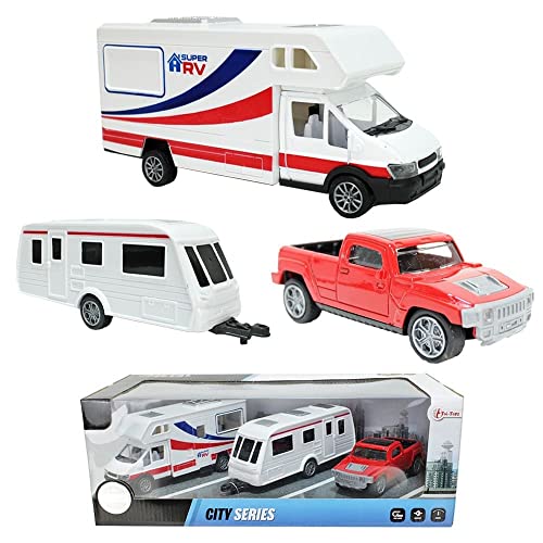 BEMIRO Wohnwagen Spielzeug Auto Set Camping mit Rückzug-Antrieb, Premium Qualität, Pick-Up Wohnmobil Spielzeug, Camper Spielzeug, Wohnwagen Spielzeugauto Spielzeug Auto von BEMIRO