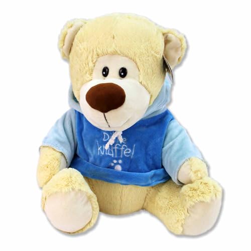 Dikke Knuffel Plüschteddy – 34 cm, kuschelig weich, mit Hoodie und Kapuze, Schwarze Kunststoffaugen (Blau) von BEMIRO