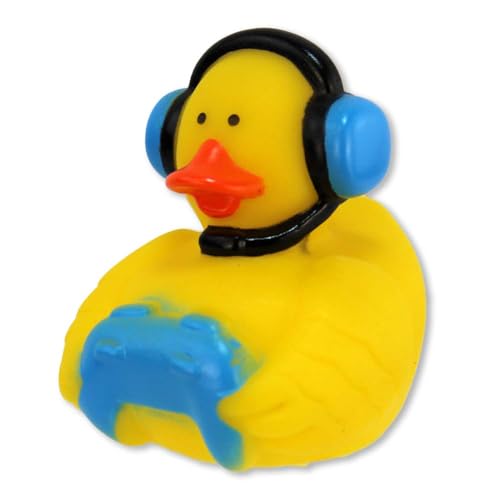 Gaming Badeente – Ca. 5 cm Groß, Aus Vinyl, Trägt Controller und Headset, 3 Farben Wählbar: Blau, Schwarz, Grün (Blau) von BEMIRO