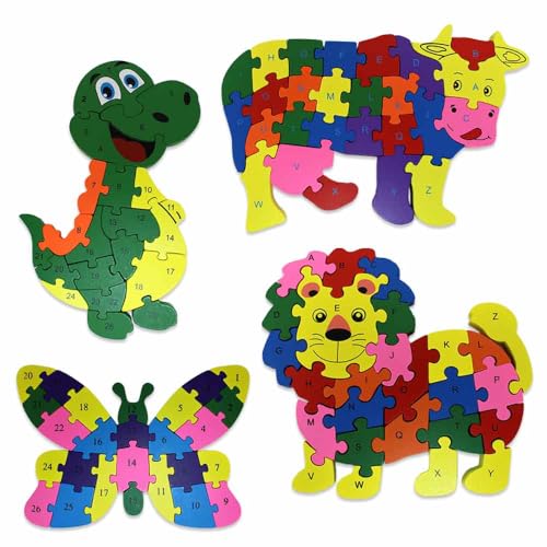 Holz Puzzle Tiere – 4er Set, Verschiedene Motive, Jeweils 26 Teile, FSC Zertifiziert, Alphabet und Zahlen Lernen, Einzeln in Folie Verpackt von BEMIRO