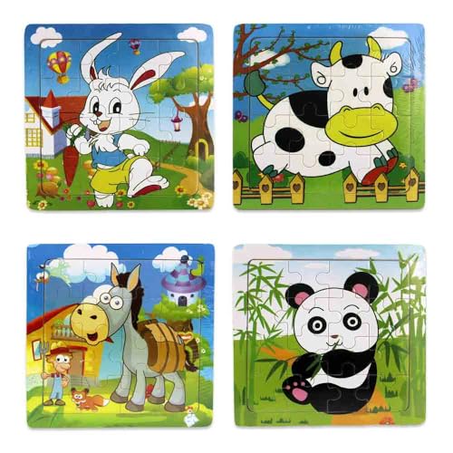 Holzpuzzle Tiere – 4 Puzzle pro Set, Verschiedene Tiermotive, Jeweils 16 Teile, Ca. 15 x 15 cm, FSC Zertifiziert, Ideal für Unterwegs von BEMIRO