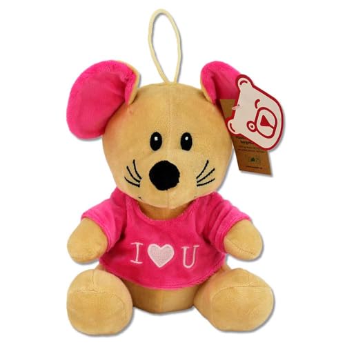 Kuscheltier Maus klein – 19 cm, mit Shirt und Spruch I Love You, gesticktes Herz, gestickte Augen, mit Schlaufe zum Anhängen (Beige) von BEMIRO