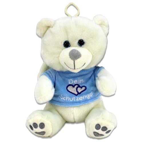 Schutzengel Plüschtier Teddy – 20 cm, mit Kunststoffaugen, Shirt mit Dein Schutzengel-Schriftzug, glitzerndes Herz, mit Schlaufe (Blau) von BEMIRO