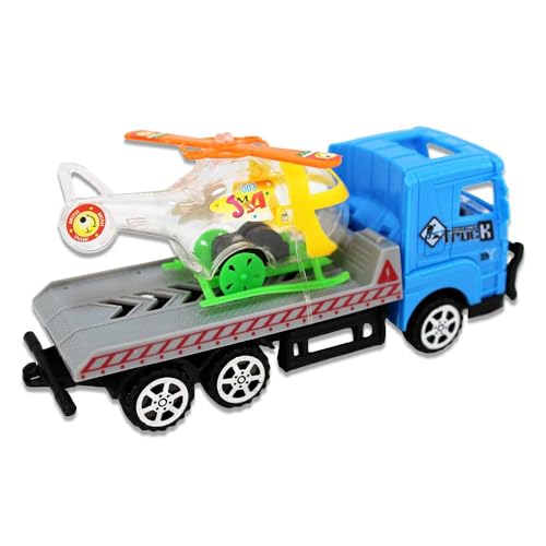 Spielzeug Truck mit Helikopter und Trailer – 19 cm Lang, Ab 36 Monaten, Verpackt in Sichtbox (Blau) von BEMIRO