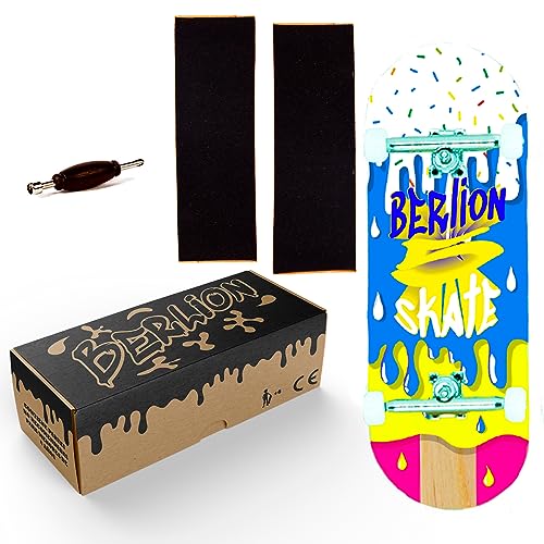 BERLION Professionelle Fingerskate aus Holz, Pro Ultra konkav, Mini-Skateboard, kleines Fingerboard, Schleifmittel, Werkzeug und Räder, Anti-Stress-Spielzeug (mehrfarbig) von BERLION