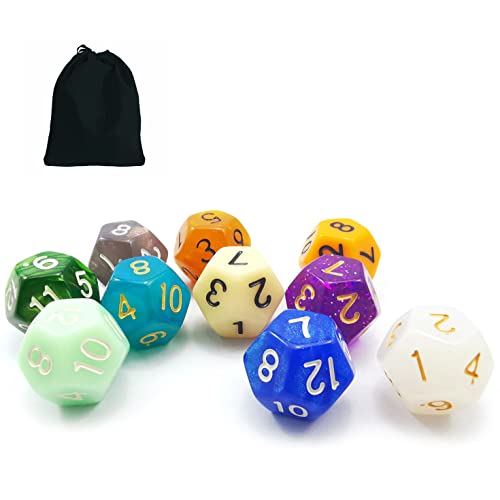 10pcs Set of 12 Sided Dice Cube (Numbered 1-12), 10 Count Assorted Random Multi Effected&Colored Pack of D12 in Drawstring Pouch von BESCON DICE