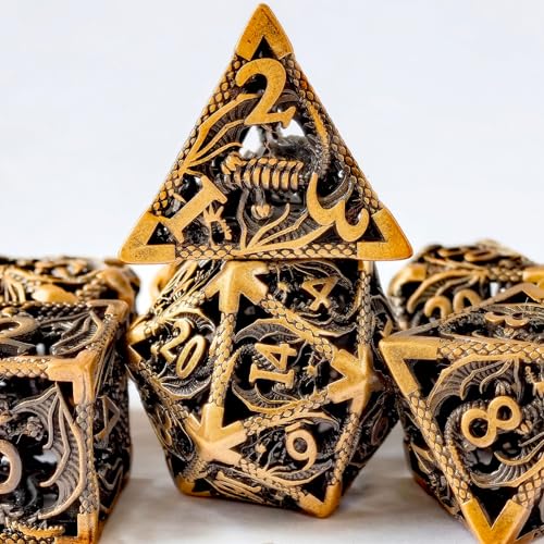 BESCON DICE Ausgehöhlte Metallwürfel mit 3D-Drachen, hohlen Metall-Dungeons und Drachen Würfel-Set für Pathfinder RPG Shadow Run, antiker Gold-Effekt von BESCON DICE