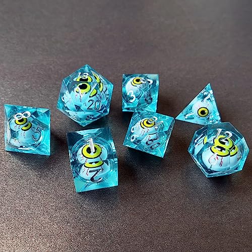 BESCON Sharp Edged Liquid Core Rolling Eyeball Polyhedral Dice Set - Razor Edge Polyhedral Dice with Rolling Eyeball Inside (7pcs Light Blue RPG Dice Set with Yellow Eye) von BESCON DICE