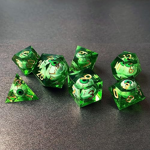 BESCON Sharp Edged Liquid Core Rolling Eyeball Polyhedral Dice Set - Razor Edge Polyhedral Dice with Rolling Eyeball Inside (7pcs RPG Dice Set with Green Eye) von BESCON DICE