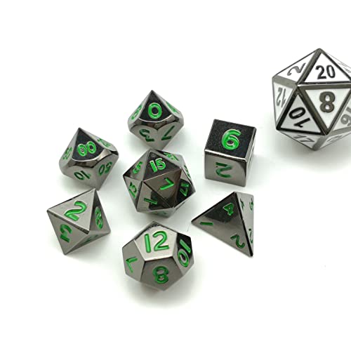 Bescon 10MM Mini Solid Metal Dice Set Glossy Metallic Surface with Green Numbers, Mini Metal Polyhedral D&D RPG Miniature Dice 7-Set von BESCON DICE