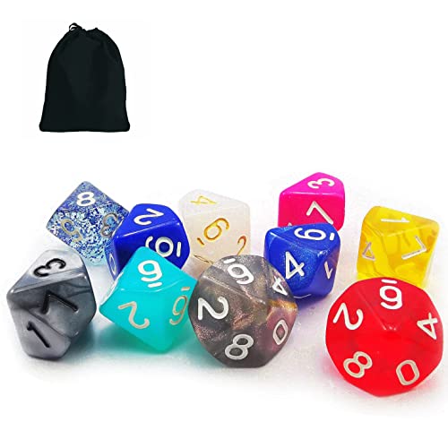 Bescon 10pcs Set of 10 Sided Dice (Number 0-9), 10 Count Assorted Random Multi Effected&Colored Pack of D10 in Drawstring Pouch von BESCON DICE