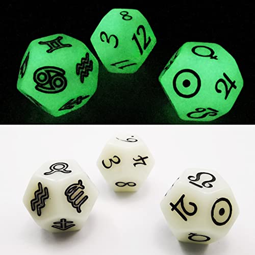 Bescon 3 Pieces Astrological Dice Set, Constellation Divination D12 Dice, Glowing in Dark Effect von BESCON DICE