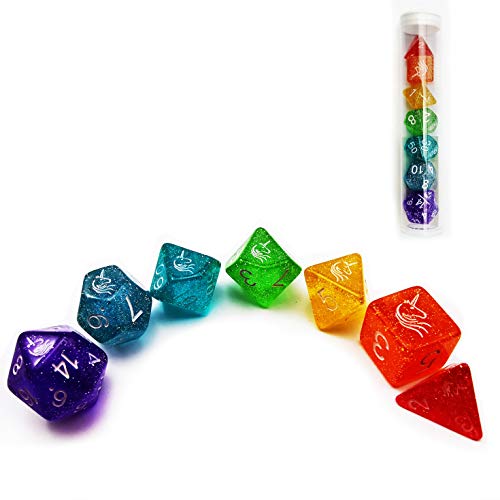 Bescon Polygonal Würfel Spielwürfel Einhorn Regenbogen Glitzern D&D Dice Set of 7, RPG - Bunte Rollenspiel Polyedrische Unicorn Dice 7pcs Set von BESCON DICE