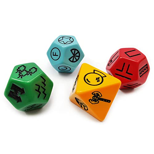 Bescon's Dungeon and Wilderness Terrain, Dungeon Feature and Treasure Type Dice Set, 4 Piece Proprietary Polyhedral RPG Dice Set, Red, Green, Yellow with Black Print von BESCON DICE