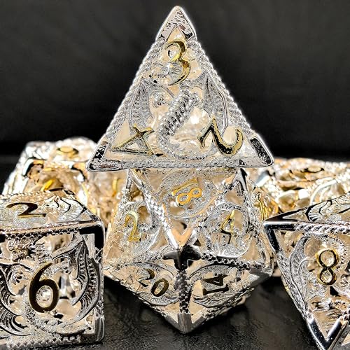 Schmuckähnliche hohle D&D-Metallwürfel mit 3D-Drachen-Funktion, silberfarbene und goldene Zahlen von BESCON DICE