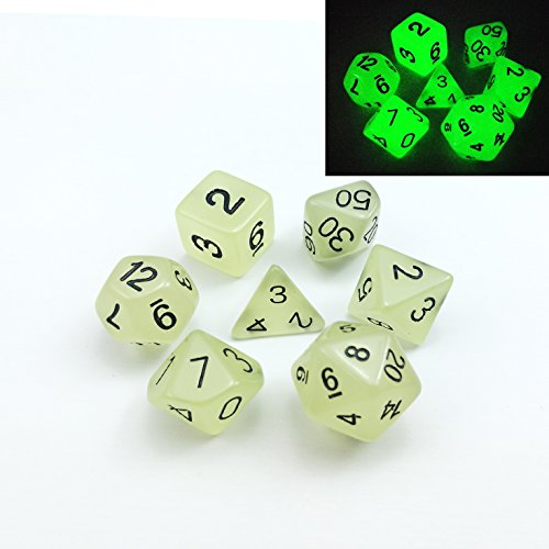 Set mit 7 polyedrischen Würfeln, leuchtet im Dunkeln, 7 Würfel im Set, Rollenspiel-Würfel, D4, D6, D8, D10, D%, D12 und D20 (Aqua) von BESCON DICE