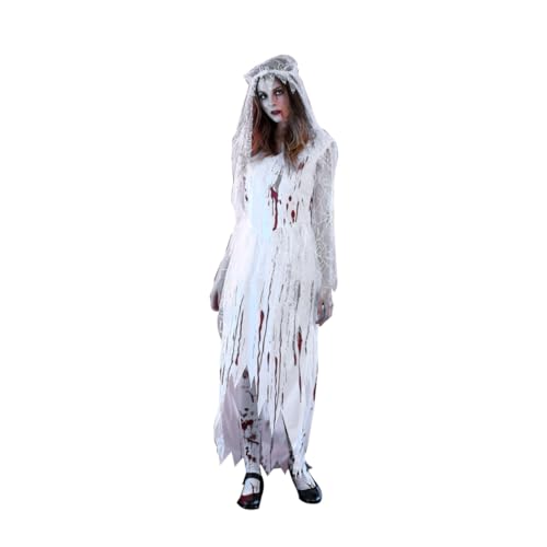 BESPORTBLE Halloween Braut Kostüm Geister Braut Kleid Mit Schleier Für Erwachsene Unregelmäßige Blutkörperchen Cosplay Party Outfit Weiß von BESPORTBLE