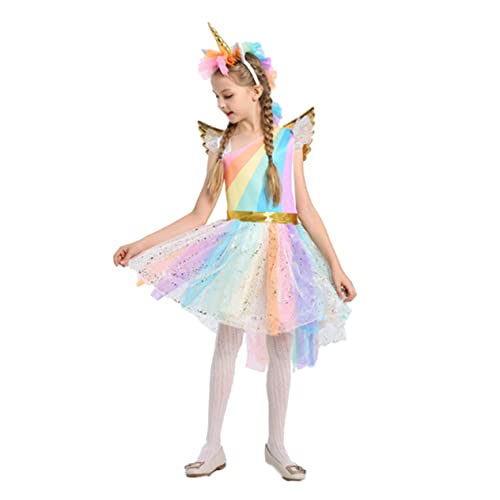 BESPORTBLE Mädchen Einhorn Kostüm Für Karneval Und Halloween Buntes Kleid Mit Kopfbedeckung Und Flügeln Kinderbekleidung Für Partys Xl von BESPORTBLE