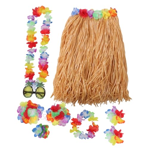 BESPORTBLE Teiliges Tropisches Hula Rock Set Für Damen Langer Grasrock Klassischem Strohfarben Inklusive Blumenarmbänder Haarclip Und Stirnband Für Hawaii Partys von BESPORTBLE