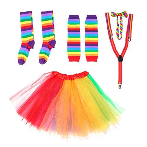 BESTOYARD Rainbow Tutu Rock Kit Bunte Bowknot Krawatte Lange Handschuhe Strumpf Hosenträger Kostüme Zubehör Set Karneval Liefert (Erwachsene) von BESTOYARD