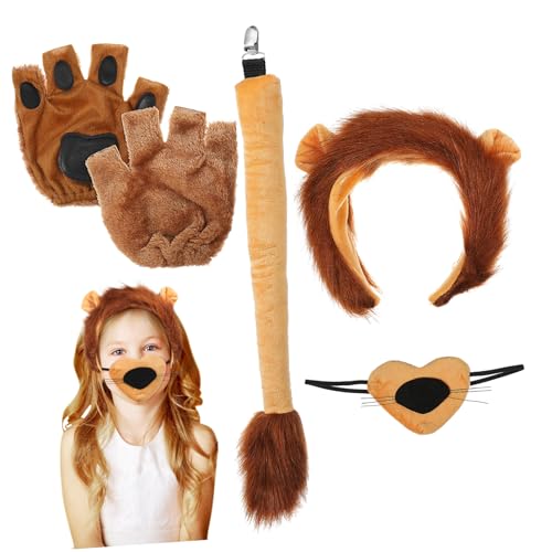 BESTYASH 1 Set Löwenkostüm-zubehör Löwenohr-stirnband Pfotenhandschuhe Löwenschwanz Nase Requisite Für Halloween Cosplay von BESTYASH