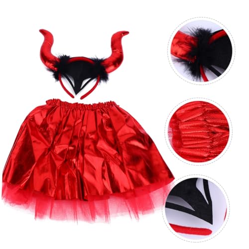 BESTYASH 1 Satz Hornkopfschmuck Mit Rock Rotes Kurzes Kleid Halloween-kleid Kleiner Unterrock Platzkleid Für Kinder Trachtenkleid Mit Hornhaarband Schickes Halloween-cosplay-outfit Stoff von BESTYASH