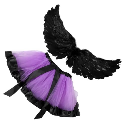 BESTYASH 1 Set Halloween Cosplay Tutu Kleid Für ädchen Mit Schwarzen Federflügeln Ideal Für Karneval Kostümparty Und Halloween Bezaubernde Verkleidung Für Kleine Engel von BESTYASH