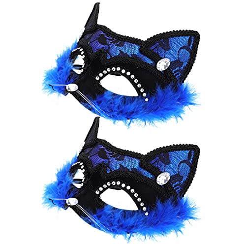 BESTYASH 2st Katze Gesichtsmaske Das Kostüm Halloween-spitzenmaske Katzenmasken Zum Dekorieren Maskerade-maske Für Paare Katzenkostüm Für Damen Strass-katzenmaske Spitze Katze Blue Plüsch von BESTYASH