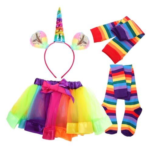 BESTYASH 4 Teiliges Regenbogen Tutu Kleidungsset Für ädchen Enthält Tutu Rock änge Handschuhe Socken Und Stirnband Perfekt Für Partys Und Kostüme Für von BESTYASH