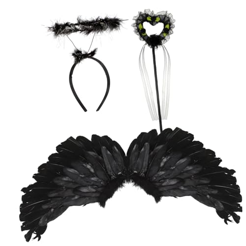 BESTYASH Engelsflügel Für Schwarze Federflügel Mit Haarband Für Mädchen Für Kostümparty Halloween Karneval Und Fotografie Teiliges Kostümzubehör von BESTYASH