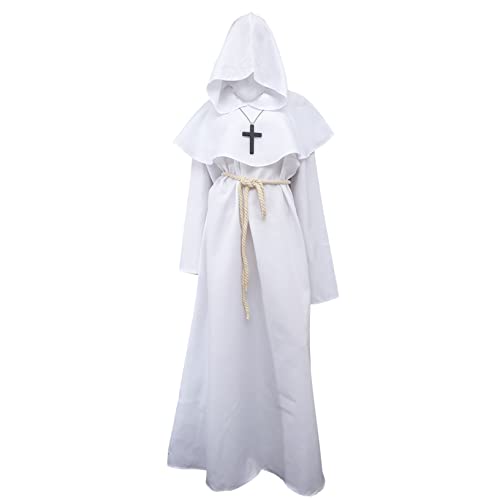 BESTYASH Priesterkleidung Priester Kostüm Kapuzenmantel Mönchsgewand Umhang Mit Kapuze Priestergewand Mittelalterliche Kleider Halloween-kostüm-Requisiten Kapuzenumhang Weiß Polyester von BESTYASH