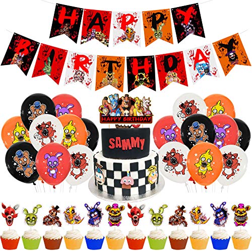 BESTZY 34pcs Fünf Nächte bei Toy Bear Freddy Happy Birthday Supplies,Freddy Kinderpartyzubehör Latexballon Happy Birthday Banner,Tortenaufsatz, Cupcake-Topper,Luftballons für Party-Dekorationen von BESTZY