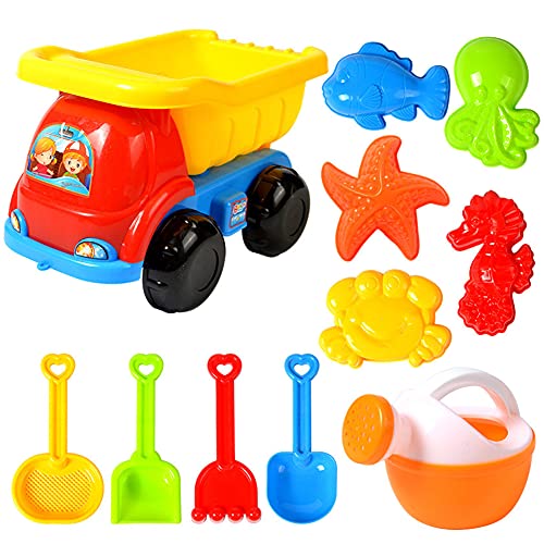 BESTZY Kid Beach Toy Set, 9 PCS Beach Toy Sand Set Children's Sand Game Set with Four Wheel Cart 4 PCS Shapes Spade Rake and More Summer Outdoor Toy von BESTZY