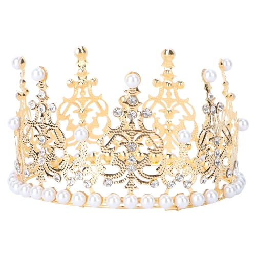 BESTONZON Crown Cake Topper Dekoration mit Strass und Perlen im Vintage-Stil Royal Mittelstück Stirnband Krone für Party Hochzeit (Gold) von BESTonZON