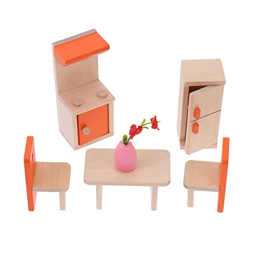 BESTonZON 1 Satz Spielhaus Spielzeug Mini-möbelmodell Miniatur-küchenutensilien Mini-esstisch Und Stühle Kinder Stellen Küchenspielsets Vor Mini-küchenspielzeug Miniküche Orange Hölzern von BESTonZON