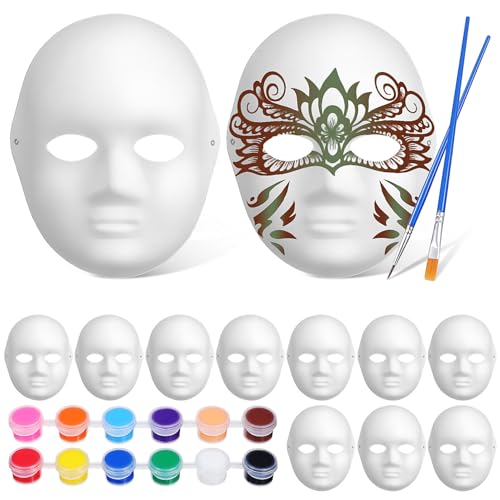 BESTonZON 12 Stück Pappmaché Weiße Diy-Bastelmaske Zum Bemalen Vollständige Maskerade-Maske Maskerade-Cosplay-Halloween-Mardi-Gras-Party (2 Pinsel + 12 Pigmente) von BESTonZON