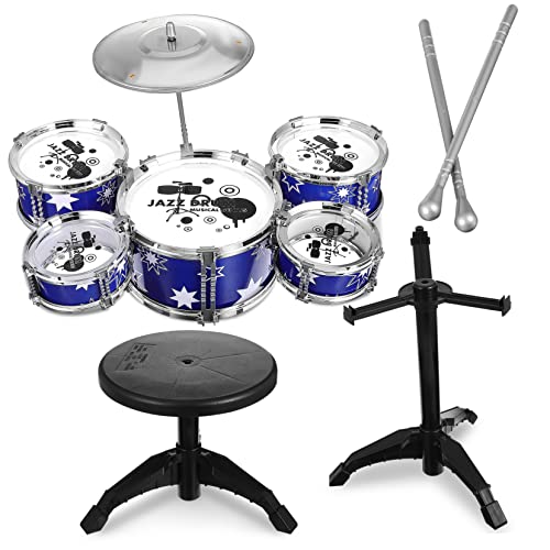 BESTonZON Kinderschlagzeug Set Für Kleinkinder 5 Teilige Trommel Mit Hocker Musikinstrumente Für Ab 3 Jahren Jazz Drum Kit Für Jungen Und ädchen von BESTonZON