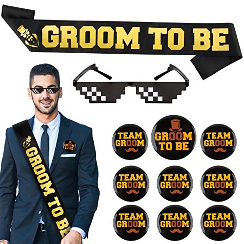 11 Stk JGA Deko Set Männer Schwarz Gold GROOM to BE Schärpe & Pixelig Mosaik Brille & Groom to Be/ 8 pcs Team Groom JGA Bottons JGA Deko für Bachelor Party Junggesellenabschied Männer Hochzeit usw. von BETESSIN