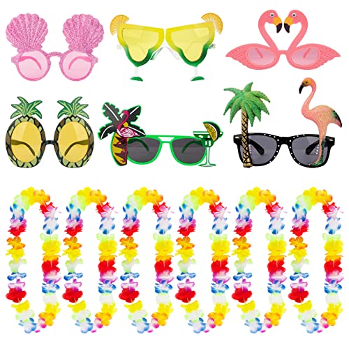 6 Stück Party Brillen Hawaiian Tropical Brille Lustig mit 6 Pcs Blumenketten Kranz Hawaiianische Sommer Deko für Hawaiian Party Strand Thema Party Zubehör Foto Requisiten Aloha Party usw. von BETESSIN