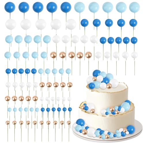 BETESSIN 103pcs Tortendeko Kugeln Cake Topper Kuchendeko Geburtstag Blau Gold Schaumkugel Deko Torten Topper Jungen Geburtstag Babydusche Maritim Mottoparty Tortenstecker Kuchenaufsatz 1,5cm-4cm von BETESSIN