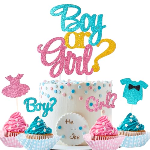 BETESSIN 13pcs Boy or Girl Tortendeko Cake Topper Blau Rosa Glitzer Kuchendeko Junge Oder Mädchen Papier Cupcake Topper Girl or Boy Deko Gender Reveal Party Baby Dusche Babyparty Kuchen Dekoration von BETESSIN