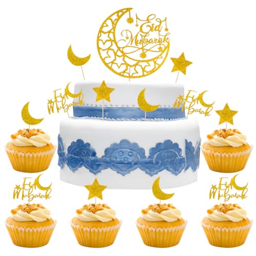 BETESSIN 13pcs Eid Mubarak Cake Topper Ramadan Kuchendeko Gold Glitzer Torten Topper Mond Sterne Cupcake Topper Muslimischen Kuchendekoration Tortenaufsatz von BETESSIN