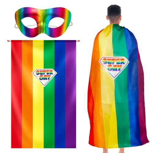 BETESSIN 2 Stück Pride Accessoire Regenbogen Umhang Maske LGBT Accessoires Regenbogen Flaggen Gesichtsmaske Rainbow LGBTQ Gay Pride Set CSD Pride Month Outfit Karneval Party von BETESSIN