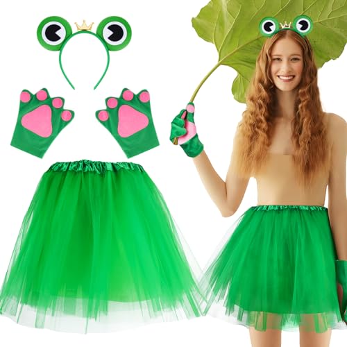 BETESSIN 3Stück Frosch Kostüm Damen Frosch Haarreif Handschuhe Froschkönigin Tuturock Grün Faschingskostüm Damen Karneval Kostüm Accessoire Mottoparty Cosplay von BETESSIN