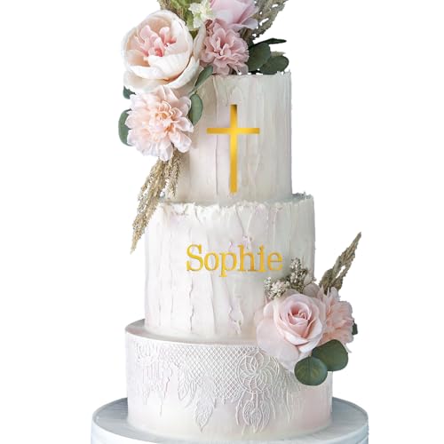 BETESSIN 56Pcs Cake Topper Taufe Personalisiert Kuchen Topper Kreuz Buchstaben Kuchendeko Acryl Kreuze Torte 14x8cm Gold Wunschnamen Kommunion Geburtstag 2 Set A-Z Klein-/ Großbuchstaben Tortendeko von BETESSIN