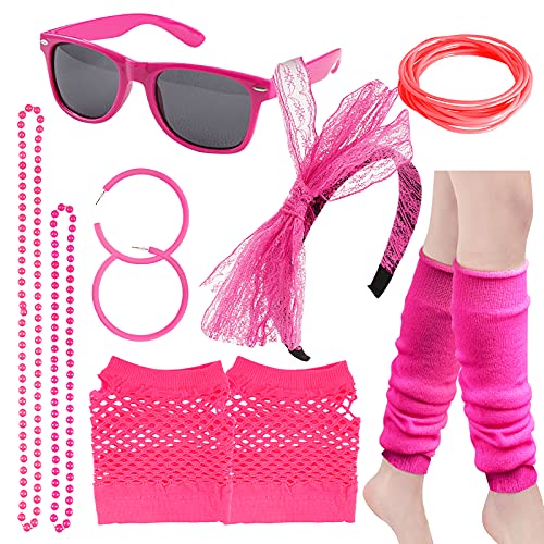 BETESSIN 80er Jahre Outfit Set Damen - inkl. Haarreif, Brille, Ohrringe, Halsketten, Handschuhe, Armbänder und Beinstulpen - Kostüm Accessoires für 1980s Mottoparty, Neon Party, Karneval, Fasching von BETESSIN