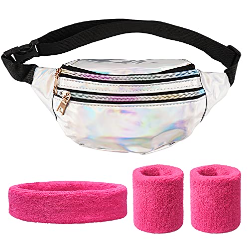 BETESSIN 80er Jahre Damen Outfit Set - inkl. Schillernde Silber Bauchtasche und Neon-Pinke Schweißbänder - Kostüm Accessoires für 1980er Mottoparty, Neon Party, Karneval, Fasching, Fastnacht UVM. von BETESSIN