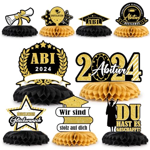 BETESSIN Abitur 2024 Geschenke - 9er Set Abi 2024 Tischdekoration Schwarz Gold - Bienenwabe Mittelstück - Party Tischaufsätze für Abitur Abschlussfeiern, Graudation Deko uvm. von BETESSIN