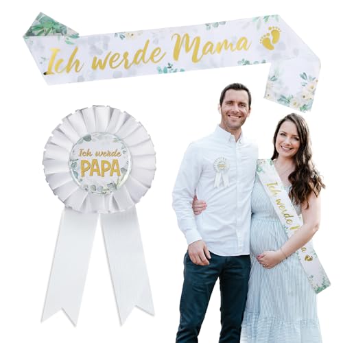 BETESSIN Babyparty Deko Weiß - Ich werde Mama Schärpe und Ich werde Papa Abzeichen - Babyshowerparty Accessoires für werdende Eltern - Geschenkidee zum Babyparty und Gender Reveal Party von BETESSIN